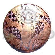 round 50mm blacktab shell  handpainted design -  metallic/embossed hand painted using japanese materials in the form of maki-e art a traditional japanese form of hand painting - Hand Painted Pendants