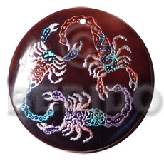 round 50mm blacktab shell  handpainted design -  metallic/embossed / scorpions hand painted using japanese materials in the form of maki-e art a traditional japanese form of hand painting - Hand Painted Pendants