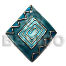 handpainted and colored diamond 48mmx40mm kabibe shell pendant embellished  elevated /embossed metallic paint accent lines / blue and gold tones - Hand Painted Pendants