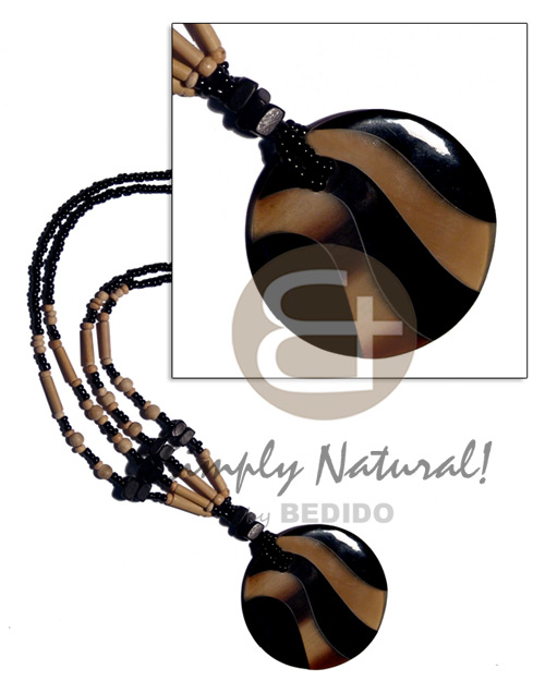 round 50mm black horn/golden horn pendant on 2 layers black glass beads  black coco sq. cut/bamboo/coco Pokalet & wood beads combination - Horn Necklace