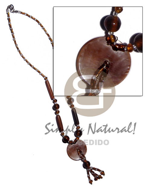 30mm brownlip in glass beads & dark amber bone capsule & beads - Horn Necklace