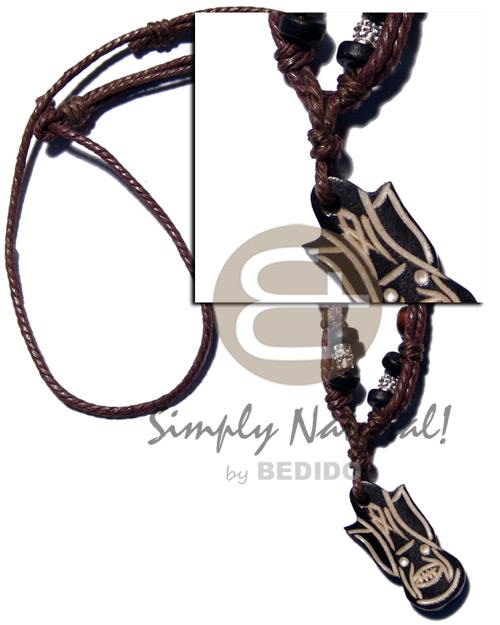 tribal carved 37mmx18mm wooden pendant  coco Pokalet/wood beads accent in double wax cord  / 23in. - Horn Necklace