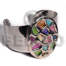 haute hippie 38mmx28mm metal cuff bangle  58mmx43mm oval glistening multicolor abalone / molten silver metal series / electroplated - Inlaid Metal Bangles