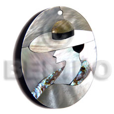 50mmx38mm oval pendant /elegant hat lady delicated etched in  shells - brownlip, blacklip and paua combination in jet black laminated resin / 5mm thickness - Inlaid Pendants