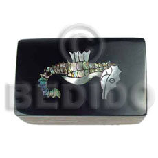 wooden jewelry box  inlaid seahorse  design/black top/medium - Jewelry Box