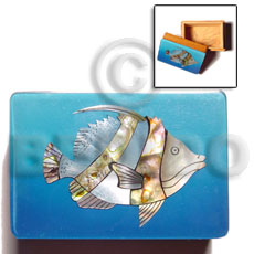 wooden jewelry box  blue top  shell inlaid fish design/large - Jewelry Box