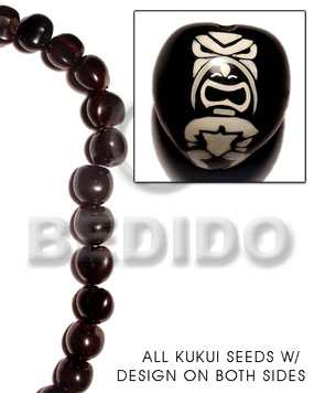 kukui seed / black  aztec design on 2 sides / 16 pcs. per strand - Kukui Lumbang Nuts Beads