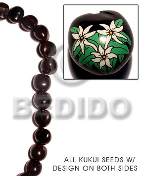 kukui seed / black  flower design on 2 sides / 16 pcs. per strand - Kukui Lumbang Nuts Beads