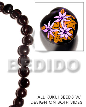 kukui seed / black  flower design on 2 sides / 16 pcs. per strand - Kukui Lumbang Nuts Beads