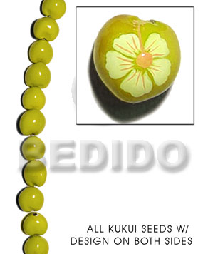 kukui seed / yellow  flower design on 2 sides / 16 pcs. per strand - Kukui Lumbang Nuts Beads