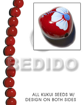 kukui seed / red  flower design on 2 sides / 16 pcs. per strand - Kukui Lumbang Nuts Beads