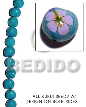 kukui seed / aqua blue  flower design on 2 sides / 16 pcs. per strand - Kukui Lumbang Nuts Beads