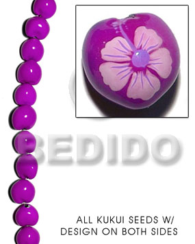 kukui seed / lavender  flower design on 2 sides / 16 pcs. per strand - Kukui Lumbang Nuts Beads