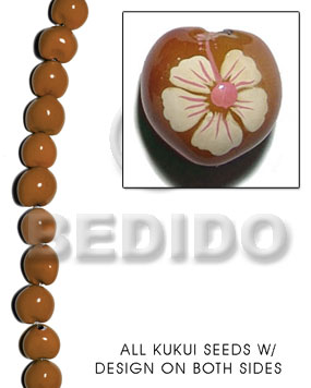 kukui seed / mocca  flower design on 2 sides / 16 pcs. per strand - Kukui Lumbang Nuts Beads
