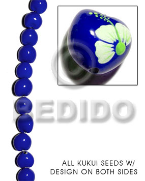 kukui seed / blue  flower design on 2 sides / 16 pcs. per strand - Kukui Lumbang Nuts Beads