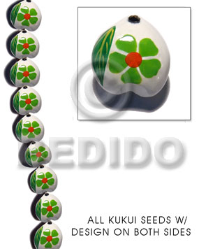 kukui seed / white  flower design on 2 sides / 16 pcs. per strand - Kukui Lumbang Nuts Beads