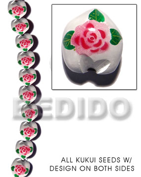 kukui seed / white  flower design on 2 sides / 16 pcs. per strand - Kukui Lumbang Nuts Beads