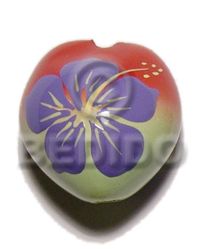 kukui seed / 2 color tone - light green / dark orange combination  flower design on 2 sides / 16 pcs. per strand - Kukui Lumbang Nuts Beads