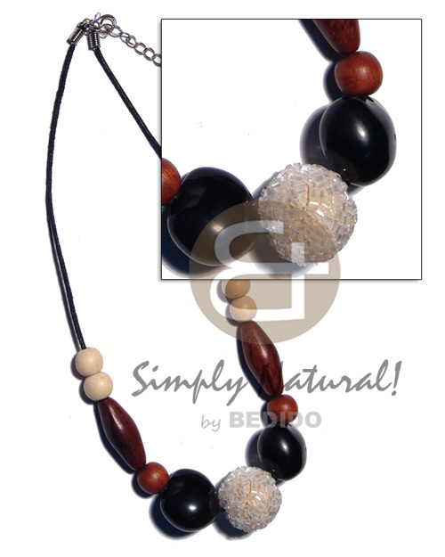 20mm round wrapped wood beads, black kukui nuts and wood beads combination in black wax cord - Kukui Necklace