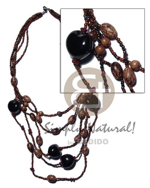 5 rows graduated multilayered dark brown glass beads  kukui nut, oval buri tiger seeds and wood beads accent / 30 in - Kukui Necklace