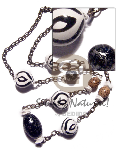4 pcs. zebra kukui nut  buri tiger seeds, white rose, metallic wood beads combination in endless metal chain / 40in - Kukui Necklace