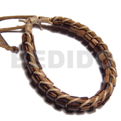 palmwood cylinder wood beads in macrame beige and tan wax cord - Leather Bracelets