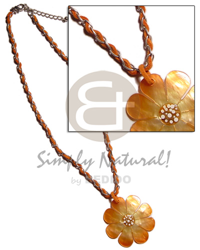 orange leather thong in metal chain  orange 45mm hammershell flower  skin nectar - Leather Thong Necklace
