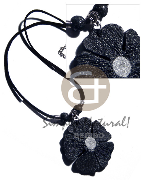 50mm flower black textured painted wood  metallic silver splashing in dark brown leather thong - Leather Thong Necklace