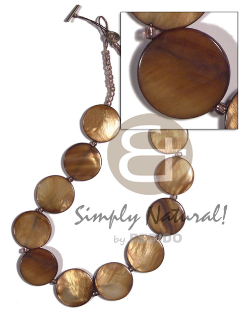 28mm round laminated golden amber kabibe shell ( 12pcs.) in high gloss  glass beads accent / 20in - Leather Thong Necklace