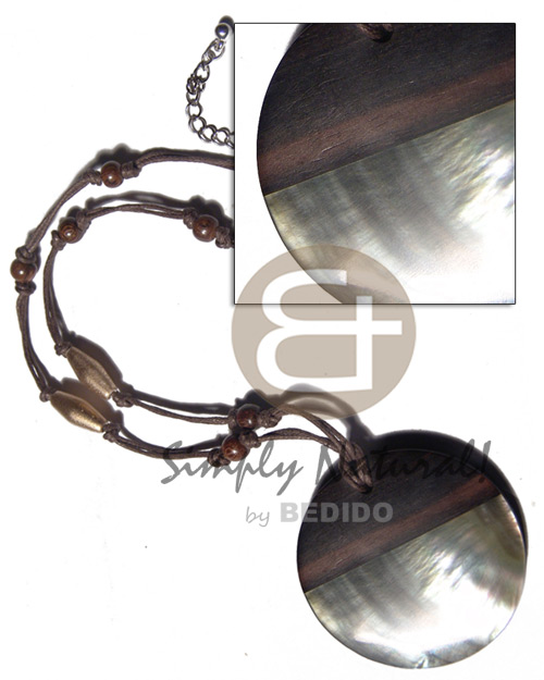 50mm round camagong tiger pendant 4mm thicknes  blacklip shell accent on 2 rows brown wax cord  wood beads accent / 18in  ext. chain - Leather Thong Necklace
