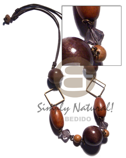 assorted wood beads - 2pcs round 20mm greywood/1 pc round 25mm greywood  / 2pcs 28mmx15mm capsule bayong on chain  acrylic crystals  and square metal ccent on a 2 rows brown wax cord / 22in  coco cord lock - Leather Thong Necklace