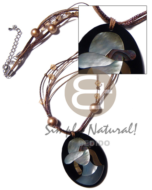 6 rows glitter cord/acrylic crystals/ wood beads combination and 50mmx38mm oval pendant /elegant hat lady delicately etched in shells - brownlip, blacklip and paua combination in jet black laminated resin / 5mm thickness / 18in - Leather Thong Necklace