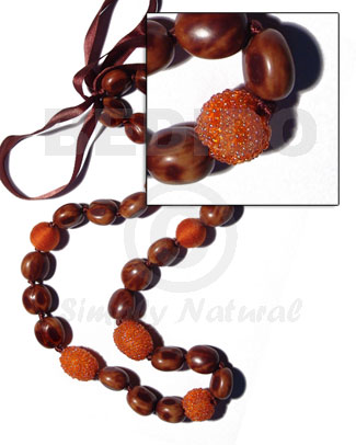 lei / rubber seeds  wood beads wrapped in orange glass beads combination - 32 pcs/ 34 in.adjustable - Leis