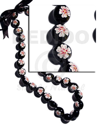 lei / black kukui seeds  handpainted white and red flowers - 32 pcs/ 34 in.adjustable - Leis