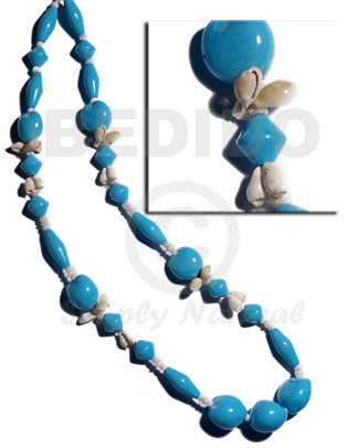 lei / kukui seeds and nat. wood beads in bright blue combination  nassa shells / 34in - Leis