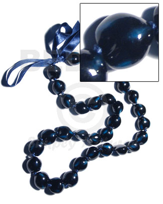 32 pcs. of kukui nuts in high polished paint gloss in black/blue combination in matching adjustable ribbon /lei/ 36in - Leis