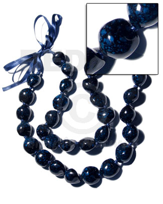 32 pcs. of kukui nuts in  black high polished paint gloss color blue/violet marbleized accent in matching adjustable ribbon /lei/ 36in - Leis