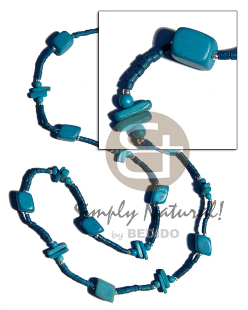 blue wood beads / coco square cut combination  in 2-3mm blue coco heishe neckline / 36 in - Long Endless Necklace