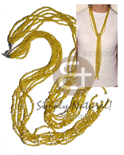 scarf necklace - 7 rows yellow glass beads  tassled white clam / 36 in. - Long Endless Necklace