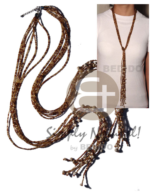 scarf necklace - 7 rows brown/gold cut glass beads  tassled bonium shell / 46 in. - Long Endless Necklace
