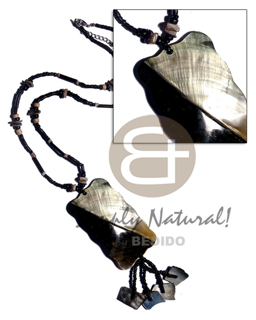 22in. 2-3mm coco heishe/hammershell sq. cut & agsam bamboo combination  pendat - 80mmx45mm rectangular curvy blacklip  skin & tassled matching chips - Long Endless Necklace