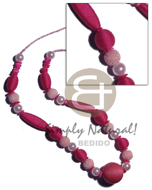 pink tones wrapped wood beads / 30mm/15mm/ and flat capsule 45mm  pearl bead & white rose shell combination in glass beads / 34 in. - Long Endless Necklace