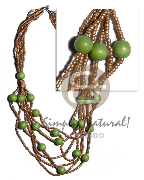 5 rows  graduated multilayered  2-3mm coco Pokalet in gold  lime green 15mm round wood beads accent / 32 in. - Long Endless Necklace