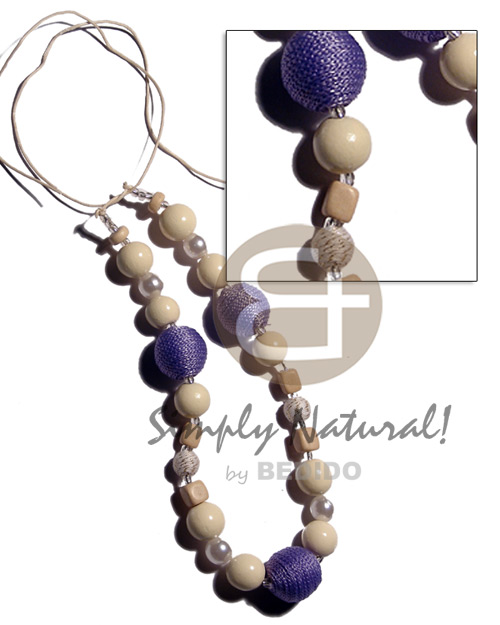 20mm lilac wrapped wood beads in lilac  15mm round/buffed and diced  bleached wood beads , pearl combination in wax cord / 28 in - Long Endless Necklace