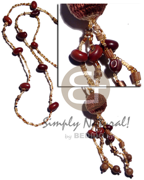 glass beads  bayong wood beads accent and tassled 25mm wrapped wood beads / 32 in - Long Endless Necklace