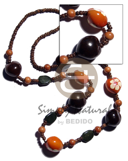 4-5mm nat. brown coco Pokalet  kukui nuts & wood beads combination / 30 in. - Long Endless Necklace