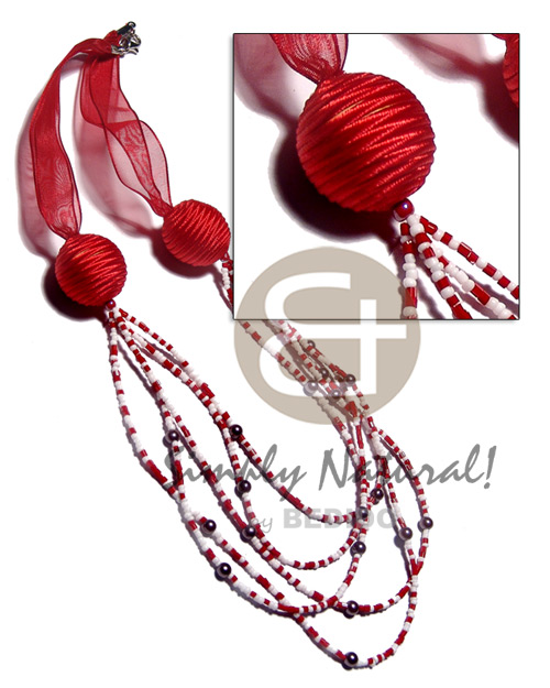 5 r0ws red/white glass beads in graduated layerr 24"/23"/22"/21"/20"  20mm wrapped wood beads and organza ribbon - Long Endless Necklace
