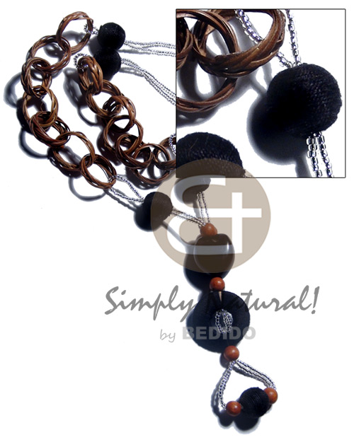 basket rings  kukui nuts/15mm wrapped wood beads/ 30mm wrapped wood ring and glass beads / 32in./ in black & brown tones - Long Endless Necklace
