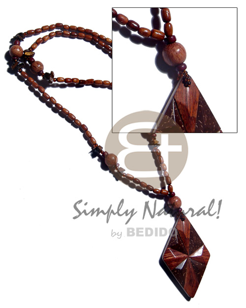 bayong ricebeads  10mm palmwood beads/shell chips combination polished 60mmx40mm diamond coco/bayong combination wood pendant / 28 in. - Long Endless Necklace