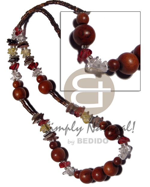 2-3mm coco heishe nat. brown  resin nugget, hammershell sq. cut and 12mm round bayong wood beads combination / 20 in. - Long Endless Necklace